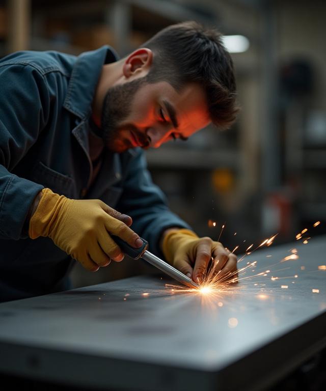 Artigiano di Rame Cucina al lavoro su una lastra di acciaio con strumenti di precisione