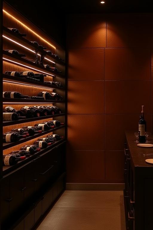 Wine bar Camera a Sud con parete rivestita in rame e portabottiglie su misura