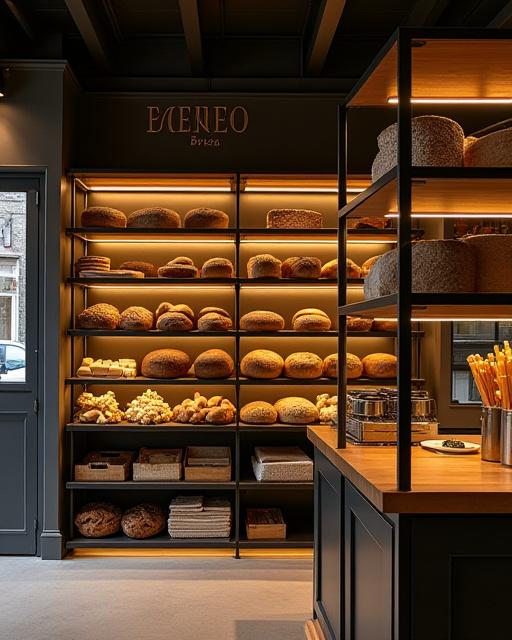 Interno del Forno Brisa con scaffalature in acciaio e dettagli in ottone