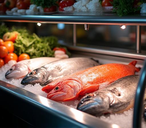 Stand del pesce al Mercato delle Erbe con banco frigo in acciaio inox