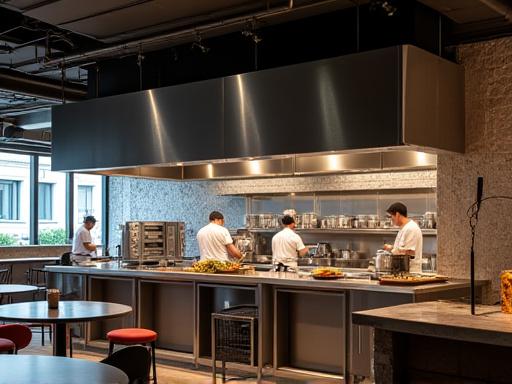 Cucina a vista dell'Osteria del Sole con cappe e rivestimenti in metallo