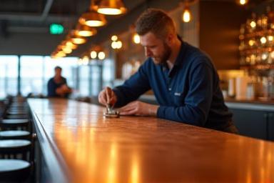 Installazione finale di un bancone in metallo in un locale