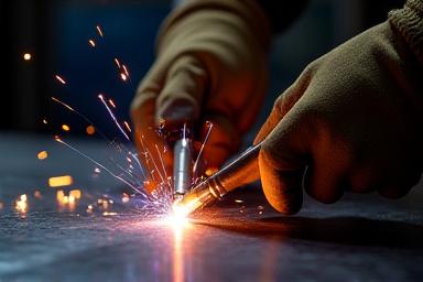 Mani di un artigiano che esegue saldatura TIG su una lastra di metallo